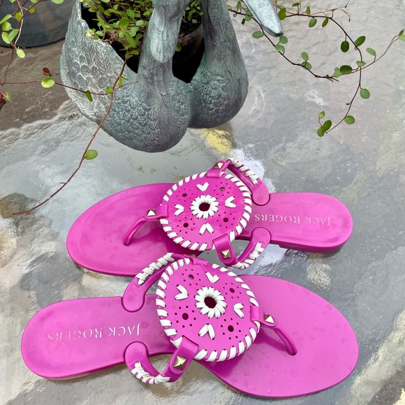 Jack Rogers Shoes - Jack Rogers Georgica Jelly Bright Pink Thong Sandals White Whipstich Trim Size 8